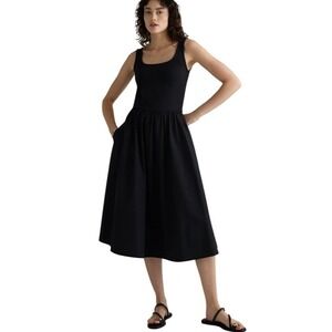 NWT Quince Cotton Mixed Media Tank Dress Black Size S Sleeveless Midi Classic